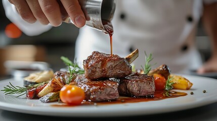 Chef pouring sauce on lamb chops with various vegetables at a fine dining restaurant : Generative AI
