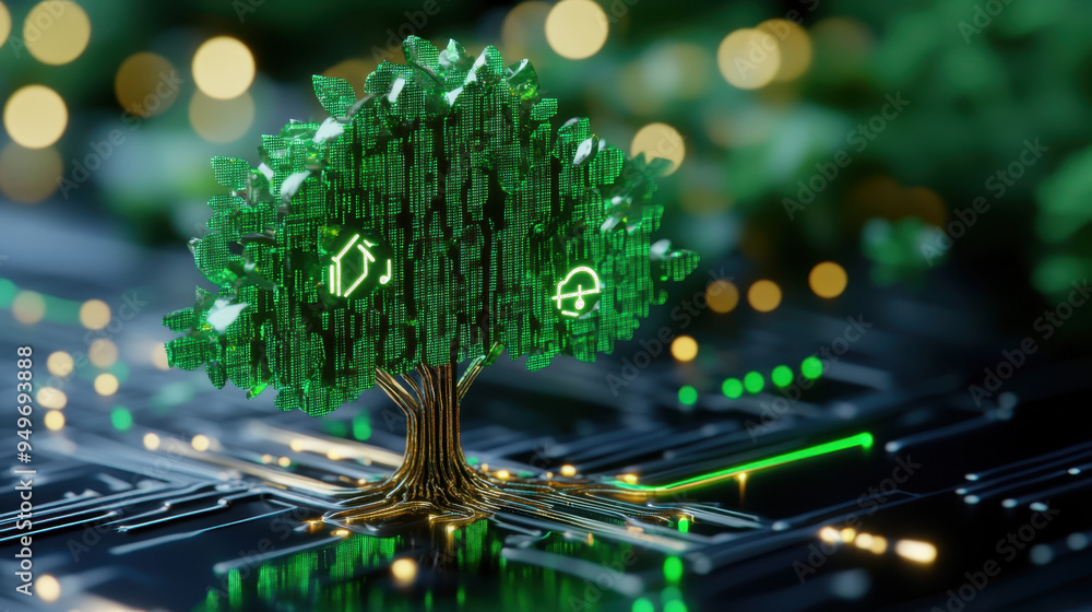 Poster a digital tree made of green circuit patterns symbolizing technology and nature, set against a blurr