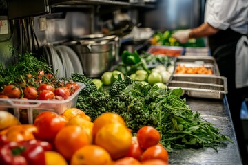 Fresh produce being delivered and arranged in a restaurant’s kitchen. Focus on vibrant vegetables...