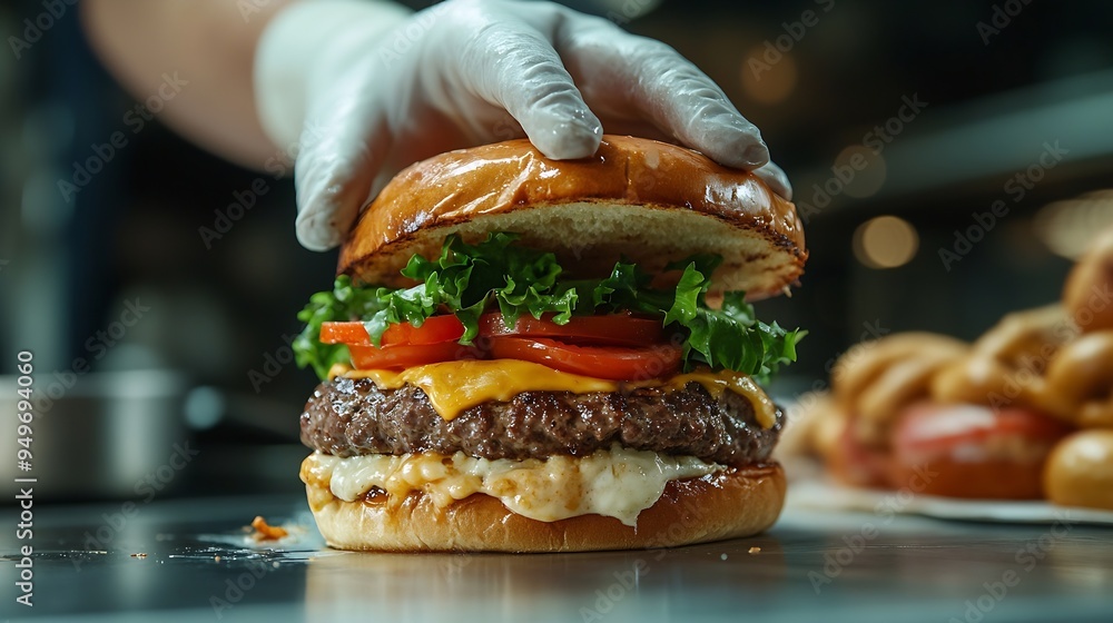 Wall mural chef hand cooking cheese burger with vegetables and meat on restaurant kitchen : generative ai