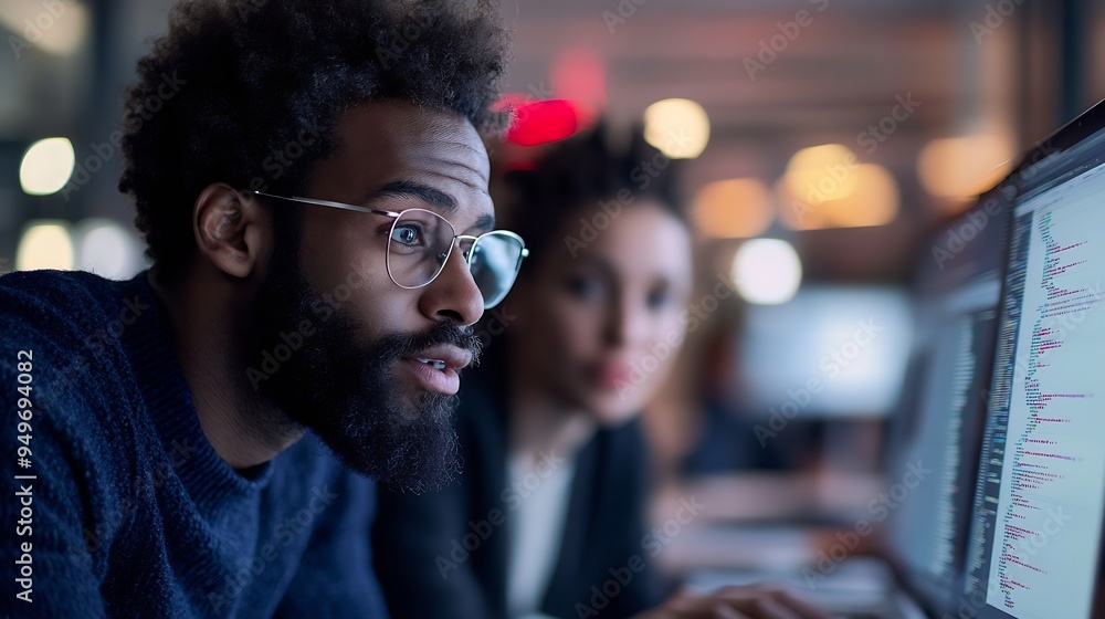Poster Side view portrait of two software developers using laptop together while working on project in IT company office copy space : Generative AI