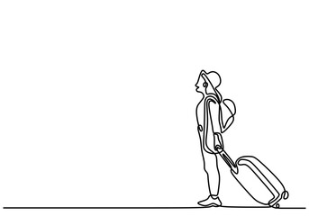 Minimalist Continuous Line Art of a Woman Traveler with Bag and Suitcase in Motion