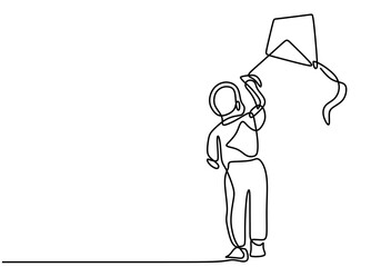 Minimalist Continuous Line Art of a Boy Flying a Kite