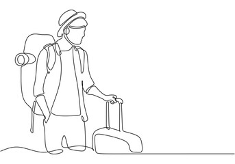 Minimalist Continuous Line Art of a Traveler with Bag and Suitcase for Travel Theme