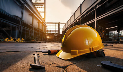 An industrial workplace scene with no people, showing a damaged protective hard hat lying on the ground in the foreground
