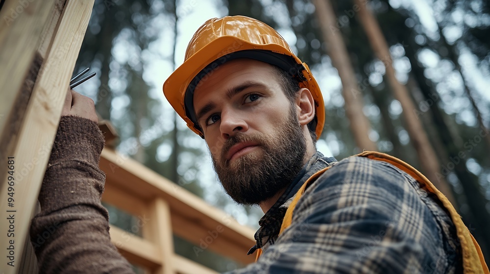Poster carpenter constructing wooden frame house near the forest bearded man hammering nails into structure