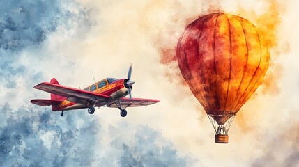 Small plane navigating beside an oversized hot air balloon, watercolor style, blending vibrant colors with the classic allure of flight
