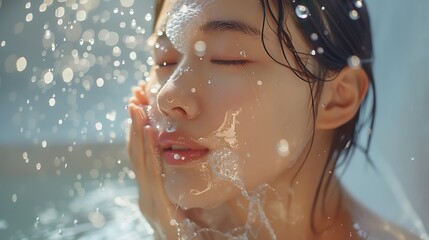 Fototapeta premium A dynamic shot of an Asian model washing her face, water splashing around her, soft morning light, clean and minimalist bathroom setting, capturing the freshness of the morning routine, hd quality,