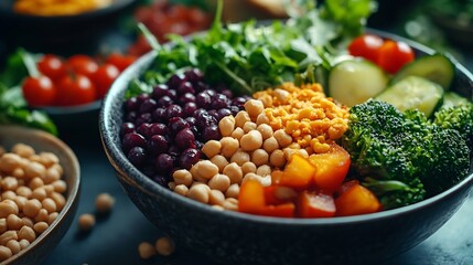 Plant based vegan food for a healthy lifestyle with vegetables fruit cereals grains nuts seeds legumes and dips High in protein antioxidants vitamins fibre and smart carbs Ethical eati : Generative AI