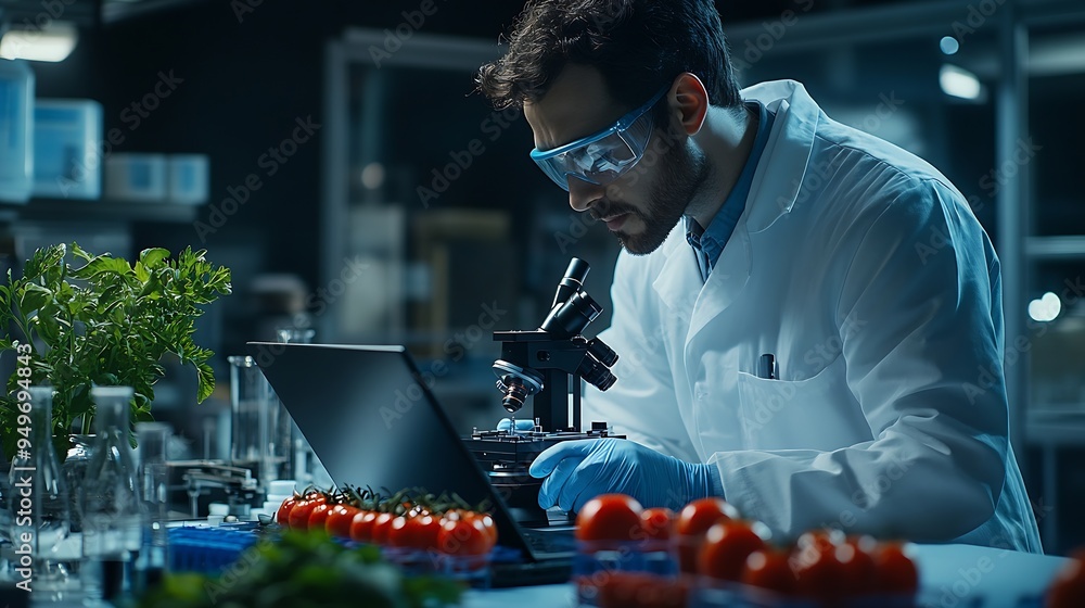 Poster male scientist working on a laptop computer and analyzing a labgrown tomato through a microscope mic