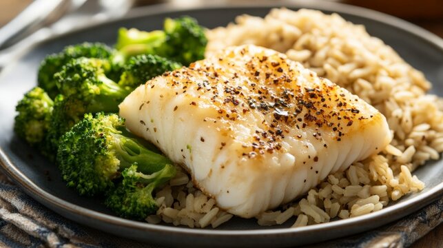 Delicious baked cod fillet served with steamed broccoli and brown rice on a dark plate, perfect healthy meal option.