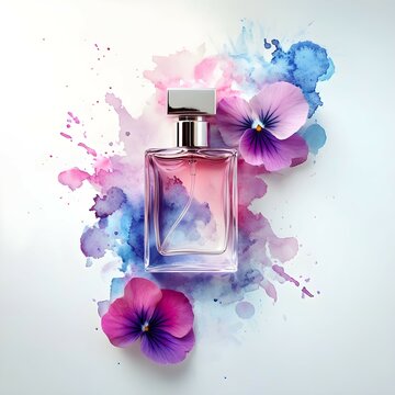 An elegant perfume bottle and Flower Watercolor on White: a product photography art - Generative AI Art with Copy Space"