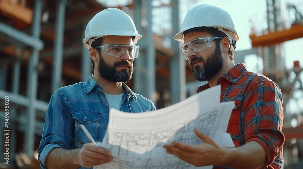 Poster Engineer and foreman worker team with blueprints checking project at the precast concrete factory site Engineer and builders in hardhats discussing on construction site : Generative AI