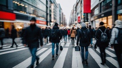 都市の喧騒の中で無名の群衆が織り成す忙しさを描いたダイナミックなイメージ