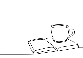 Minimalist Continuous Line Art of Books and Cup for a Relaxing Reading Atmosphere