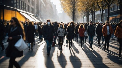 群衆が歩く街の通りが描く無名の人々が織り成す忙しさと活気を捉えた一枚