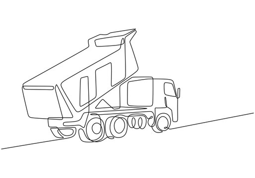 recommend clip art: Continuous line drawing of a dump truck in a clean vector design for construction vehicles