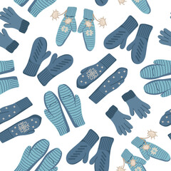 Vector seamless pattern with knitted mittens. Winter background for wallpaper and packaging.
