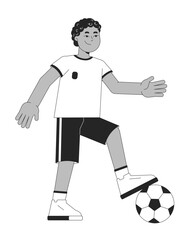 African american boy playing football black and white 2D line character. Little athlete dribbling. Footballer kid kicking soccer ball isolated vector outline person. Monochromatic spot illustration