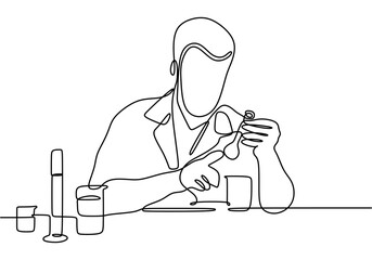 Minimalist Vector Illustration of Scientist Conducting Chemical Research with Bottles