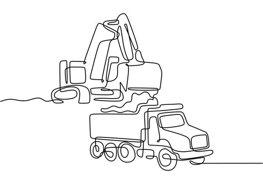 recommend clip art: Minimalist continuous line illustration of loader and dump truck construction vehicles
