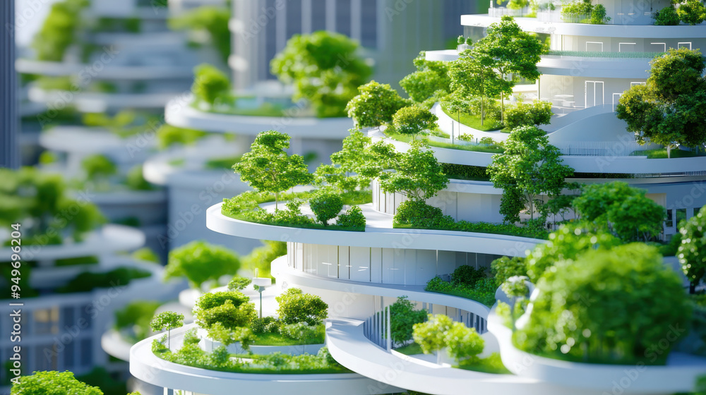 Poster modern eco-friendly architecture featuring balcony gardens in a futuristic cityscape with lush green
