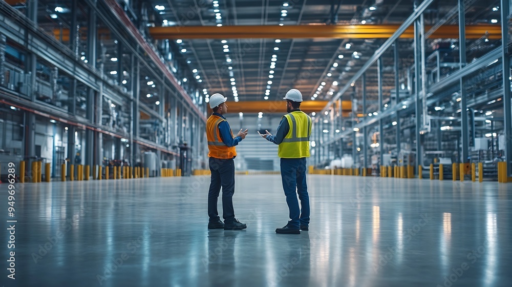 Poster two engineers talking standing in the middle of an empty warehouse inspecting planning future factor