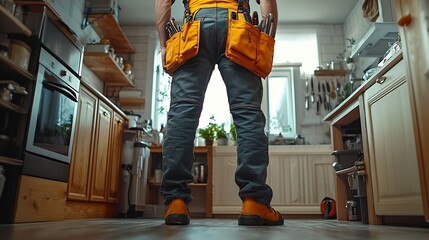 Professional handyman with tool bag standing on home kitchen background : Generative AI