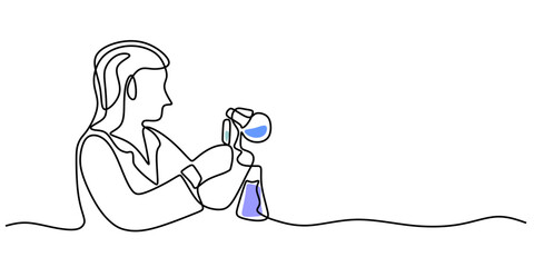 One line drawing of a scientist with chemical bottles in a simplistic research illustration