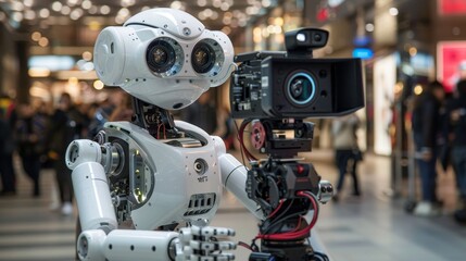 Fototapeta premium Modern Robot Operating Video Camera at High-Tech Filming Location