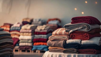 Stacked Blankets and Warm Clothing Neatly Arranged, Ready for Distribution to Those in Need