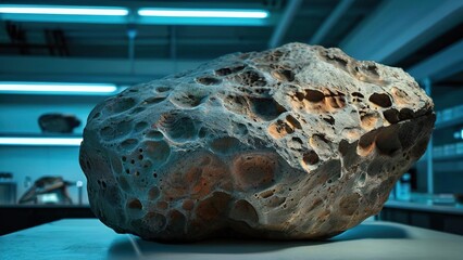 A large, grey,  porous rock with orange patches sits on a white table in a laboratory setting with blue lighting.