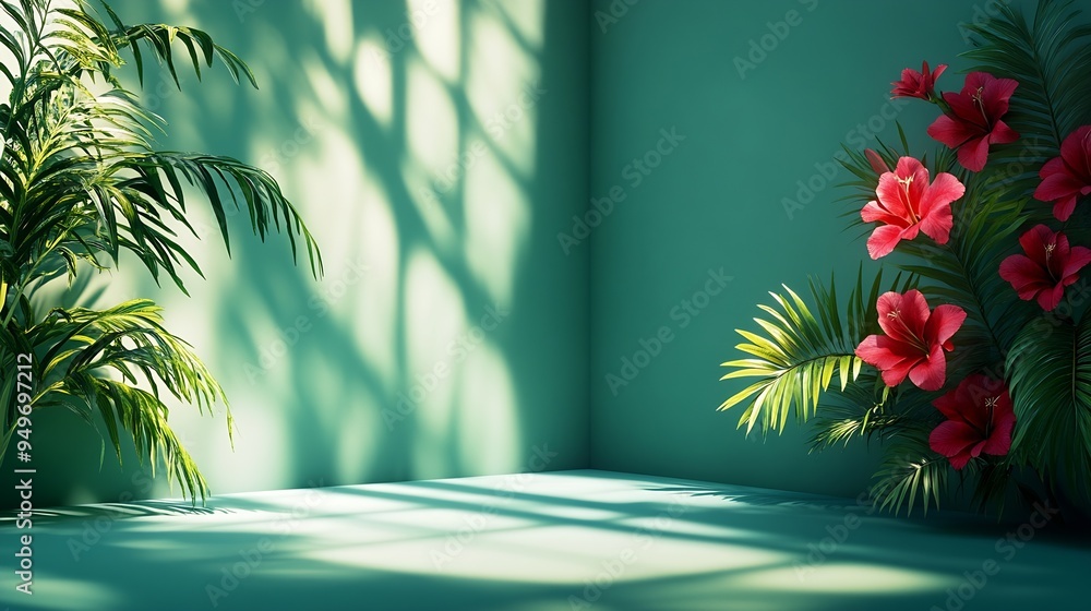 Poster Abstract gradient green studio background for product presentation Empty room with shadows of window and flowers and palm leaves  3d room with copy space Summer concert Blurred backdro : Generative AI