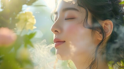 Fototapeta premium A serene shot of an Asian model with herbal steam enveloping her face, surrounded by fresh herbal ingredients, soft lighting, clean background, emphasizing the natural and calming skincare experience,
