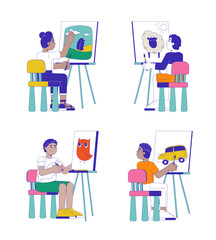 Diverse preteen children painting canvas with easel 2D cartoon characters set. Schoolkids artists isolated people flat vector on white background. Art studio classes spot illustrations collection