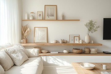 A modern living room featuring a sleek grey sofa paired with a warm wooden TV shelf. The shelf is decorated with a mix of modern and Japandi-style elements,