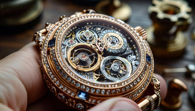 Rose gold watch with visible gears and intricate details. A detailed close-up of a rose gold watch with exposed gears and decorative elements