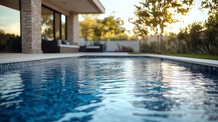 Fototapeta premium Backyard outdoor swimming pool behind new luxury home : Generative AI