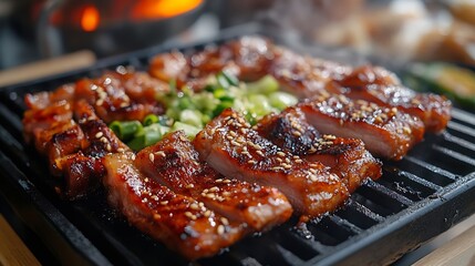 Local traditional korean gourmet food black pig of Jeju Island for grilled roasted barbecue pork and seasoning side dish for korean people taste eat drinks cuisine in local restaurant  : Generative AI