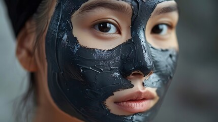An Asian model applying a charcoal mask, soft natural light, minimalist background, highlighting the detoxifying properties and rejuvenating effect, hd quality, beauty focus. --ar 16:9 --v 6.
