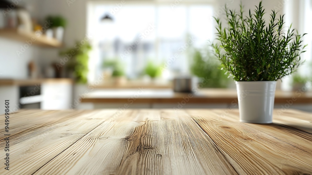 Aufkleber kitchen table background wood counter top on blur of white clean abstract home interior with bokeh  used for display or montage your wooden for dining background tabl banner podium : Generative AI