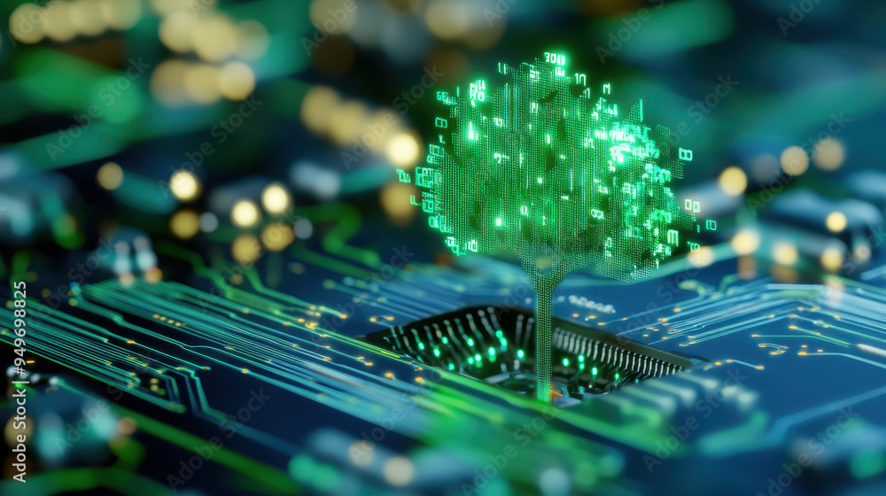 Poster digital tree emerging from a circuit board symbolizing the fusion of technology and nature, showcasi