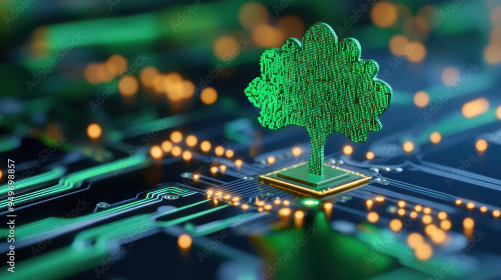 Aufkleber digital representation of a green tree emerging from a circuit board, symbolizing technology and nat