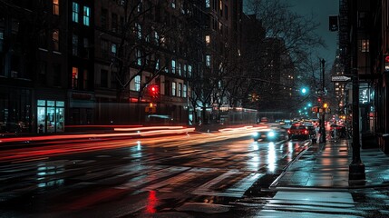 A vibrant city street at night, illuminated by car headlights and traffic signals, showcasing urban rhythm and life.