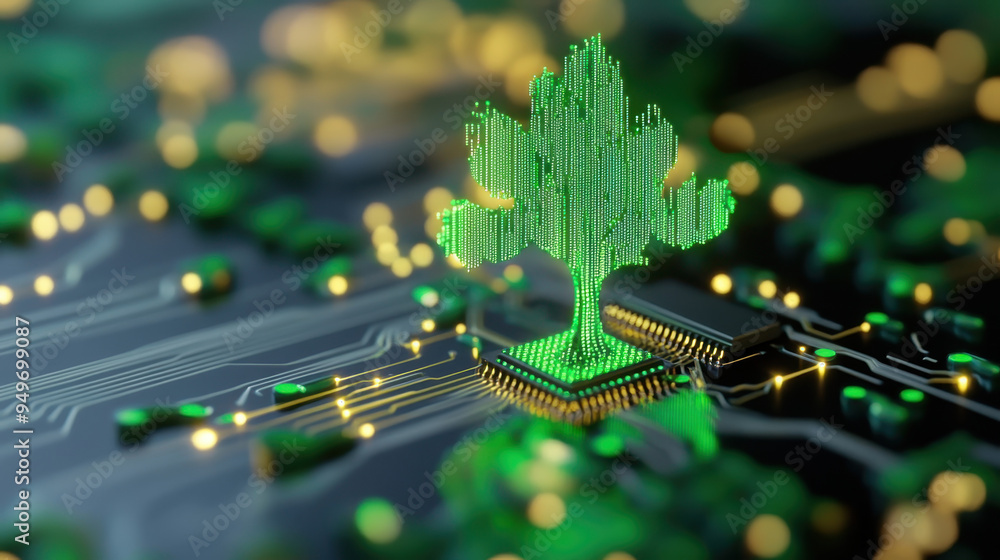 Poster digital tree graphic symbolizing sustainability and technology on a circuit board background with gr