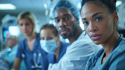 A diverse medical team in a hospital setting focusing on a critical situation. Healthcare professionals collaborating in a clinical environment.