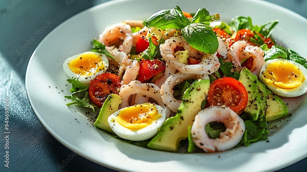 Poster Healthy salad with squid and avocado on white plate with harsh shadows Calamari salad with vegetables and eggs on white background with shadows of leaves Summer food menu : Generative AI