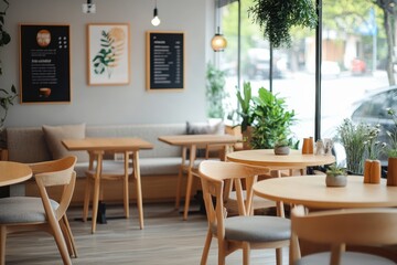 Obraz premium Cozy cafe interior with wooden furniture and plants, creating a relaxed atmosphere.