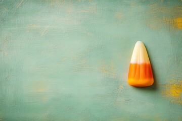 Single candy corn placed on a textured mint green background