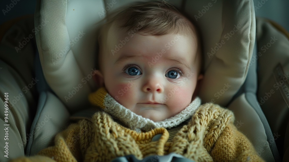 Sticker a baby looking at the camera with big blue eyes. ai.